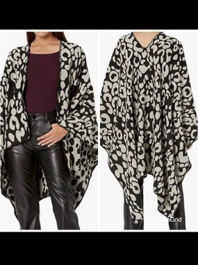 NWT OS Steve Madden Leopard Black Grey Reversible Poncho Cape Ruana Animal print